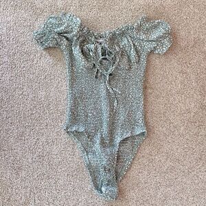 Princess Polly Sage Green Smocked Off-Shoulder Bodysuit